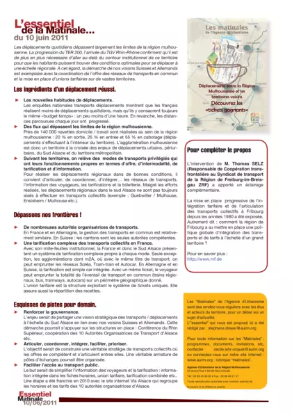 L'essentiel de la Matinale du 10 juin 2011 : déplacement entre la région mulhousienne et les territoires voisins : découvrez les "tickets gagnants"
