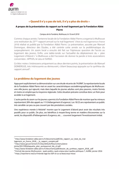 « Quand il n’y a pas de toit, il n’y a plus de droits » A propos de la présentation du rapport sur le mal-logement par la Fondation Abbé Pierre